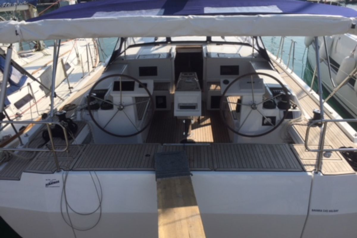 Cockpit of Alnair, a Bavaria C45 Holiday sailboat at Salerno, Italy