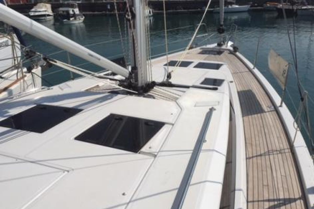 Deck of Alnair, a Bavaria C45 Holiday sailboat at Salerno, Italy