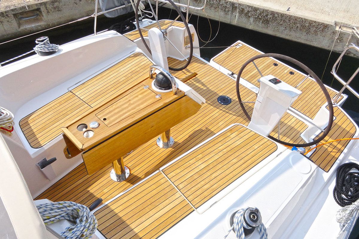 Cockpit of Lirica, a Bavaria Cruiser 37 sailboat at Split, Croatia