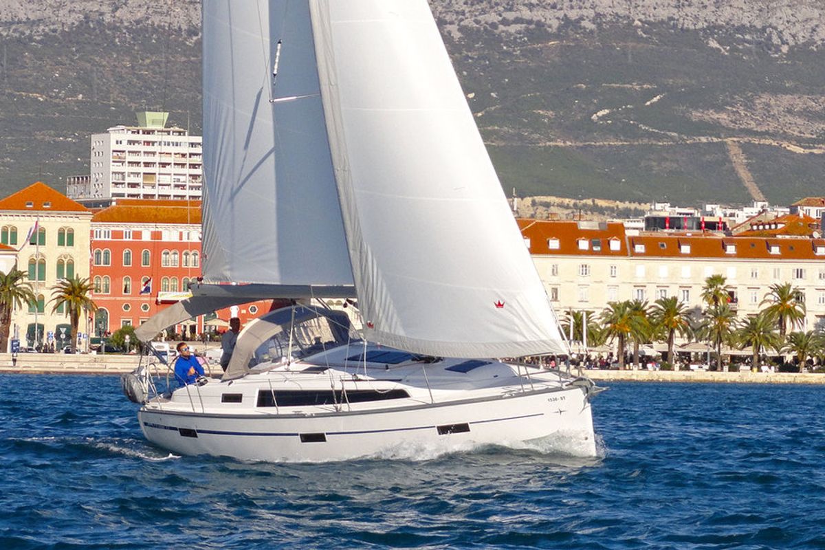 Exterior view of Lirica, a Bavaria Cruiser 37 sailboat at Split, Croatia