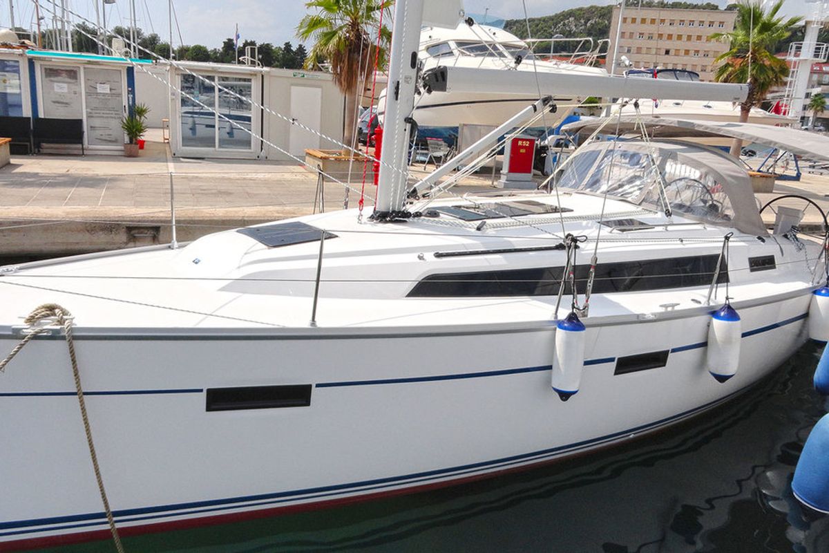 Exterior view of Lirica, a Bavaria Cruiser 37 sailboat at Split, Croatia