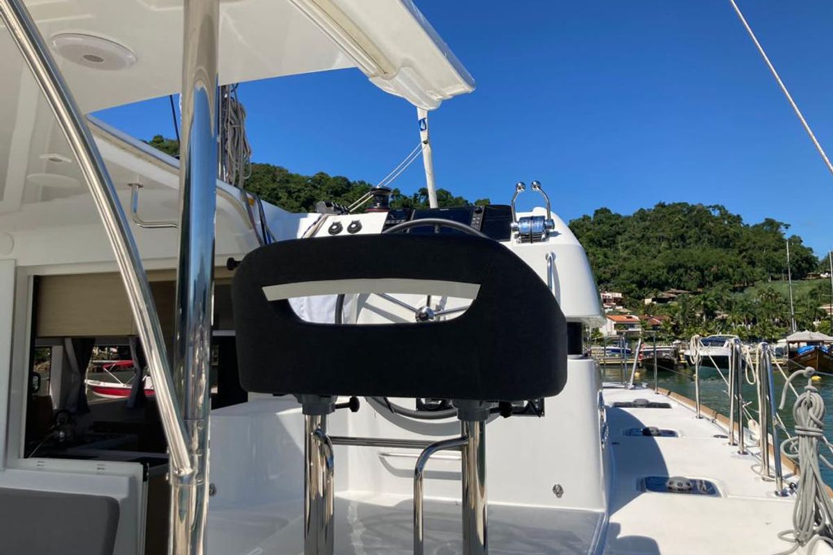 Cockpit of ATMOSFERA W, a Lagoon 40 catamaran at Paraty, Brazil