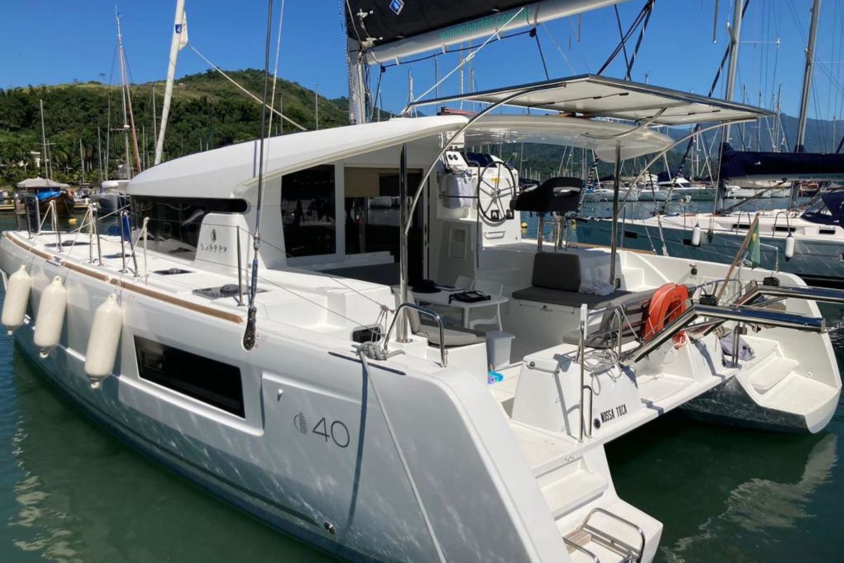 Exterior view of ATMOSFERA W, a Lagoon 40 catamaran at Paraty, Brazil