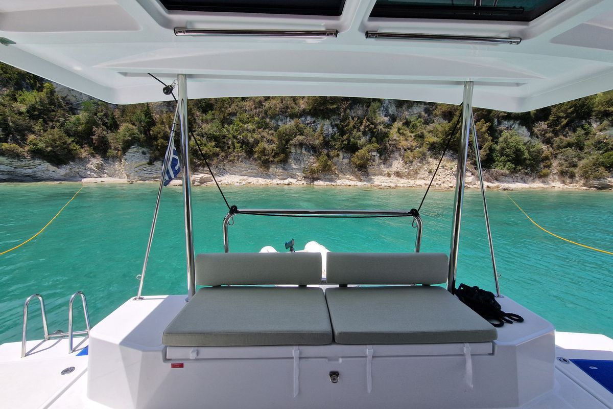 Deck of Selene, a Bali Catspace catamaran at Kontokali, Greece