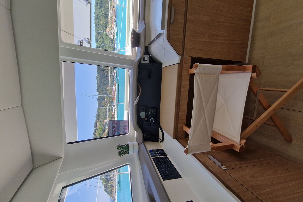 Salon of Selene, a Bali Catspace catamaran at Kontokali, Greece