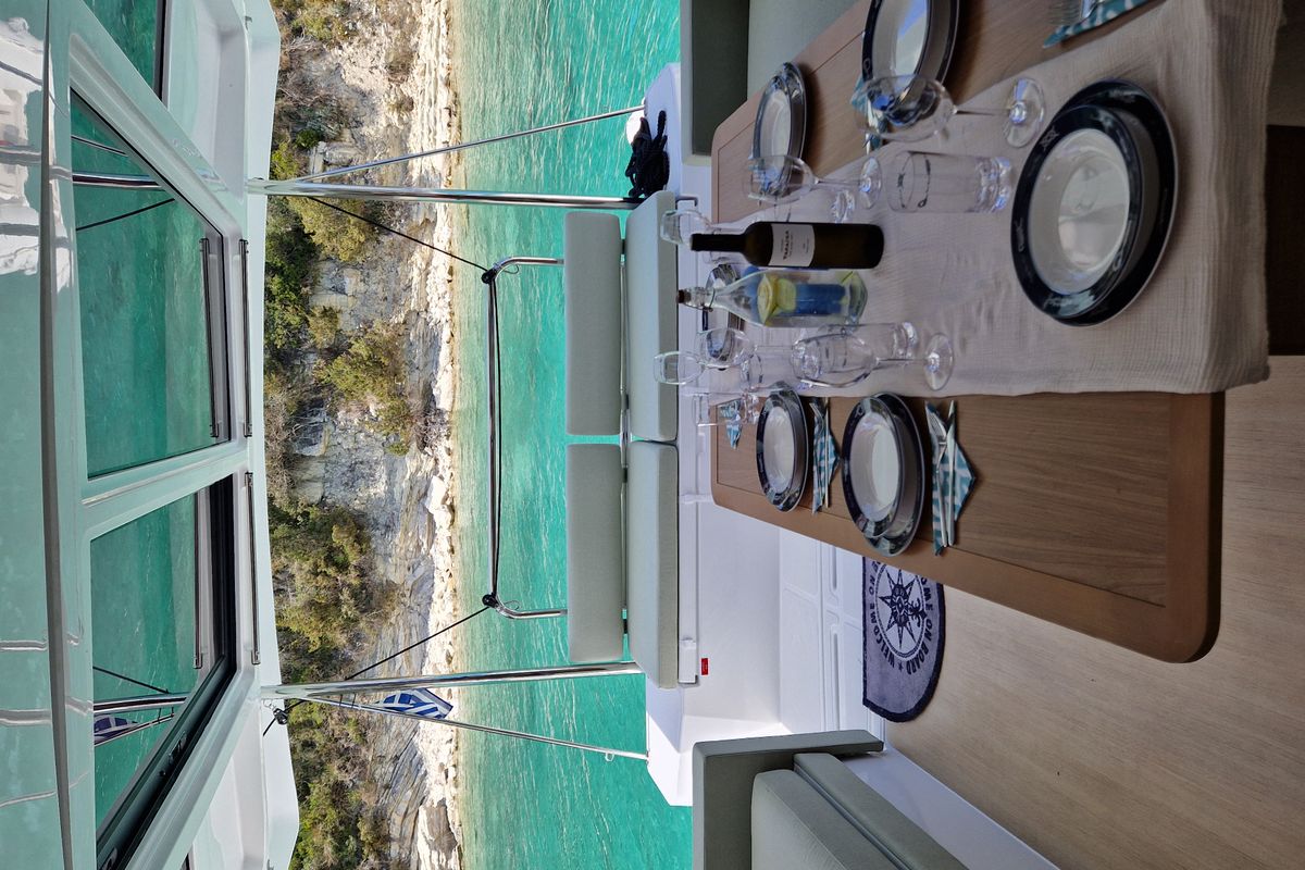 Salon of Selene, a Bali Catspace catamaran at Kontokali, Greece