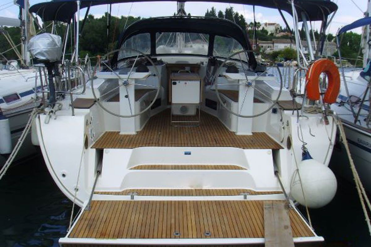 Exterior view of Patroklos, a Bavaria Cruiser 45 sailboat at Municipal Unit of Lefkada, Greece