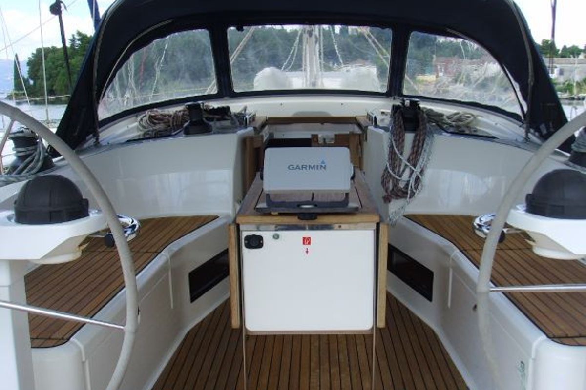 Cockpit of Patroklos, a Bavaria Cruiser 45 sailboat at Municipal Unit of Lefkada, Greece