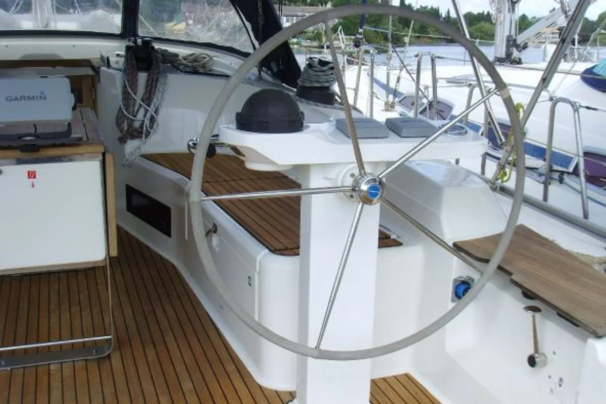 Cockpit of Patroklos, a Bavaria Cruiser 45 sailboat at Municipal Unit of Lefkada, Greece