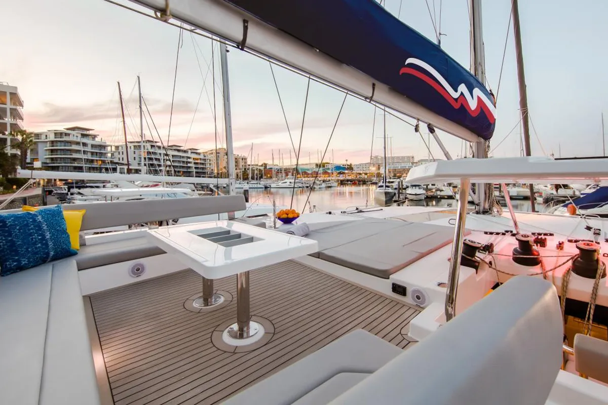 Deck of Moorings 5000 Club, a Leopard 50 catamaran at Grand Anse, Grenada