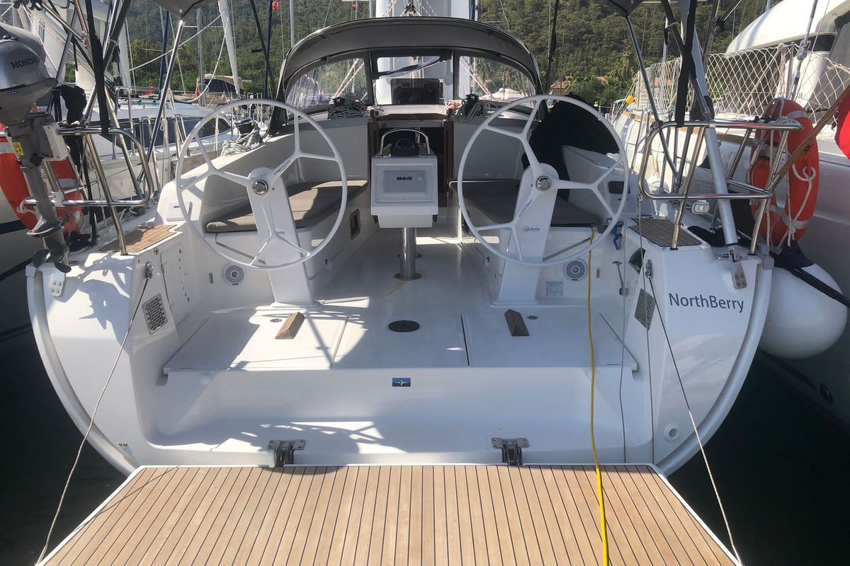 Cockpit of Northberry, a Bavaria Cruiser 41 sailboat at Fethiye, Turkey