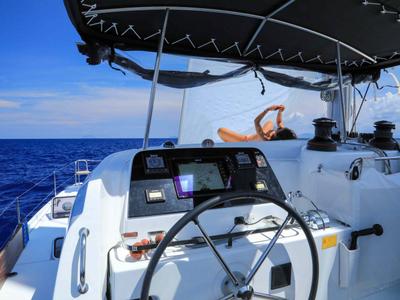 Cockpit of Easy to love, a Lagoon 42 catamaran at Tropea, Italy