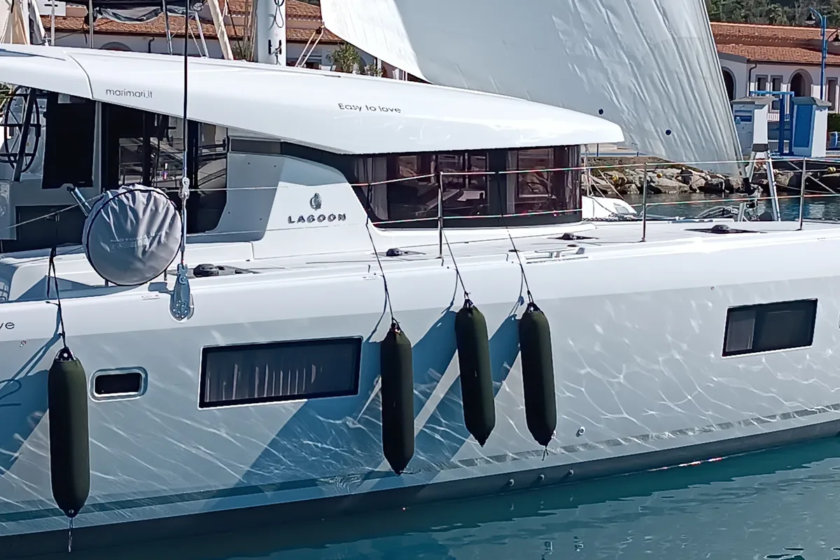 Exterior view of Easy to love, a Lagoon 42 catamaran at Tropea, Italy
