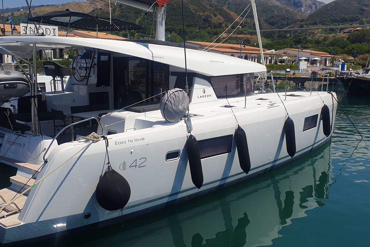 Exterior view of Easy to love, a Lagoon 42 catamaran at Tropea, Italy