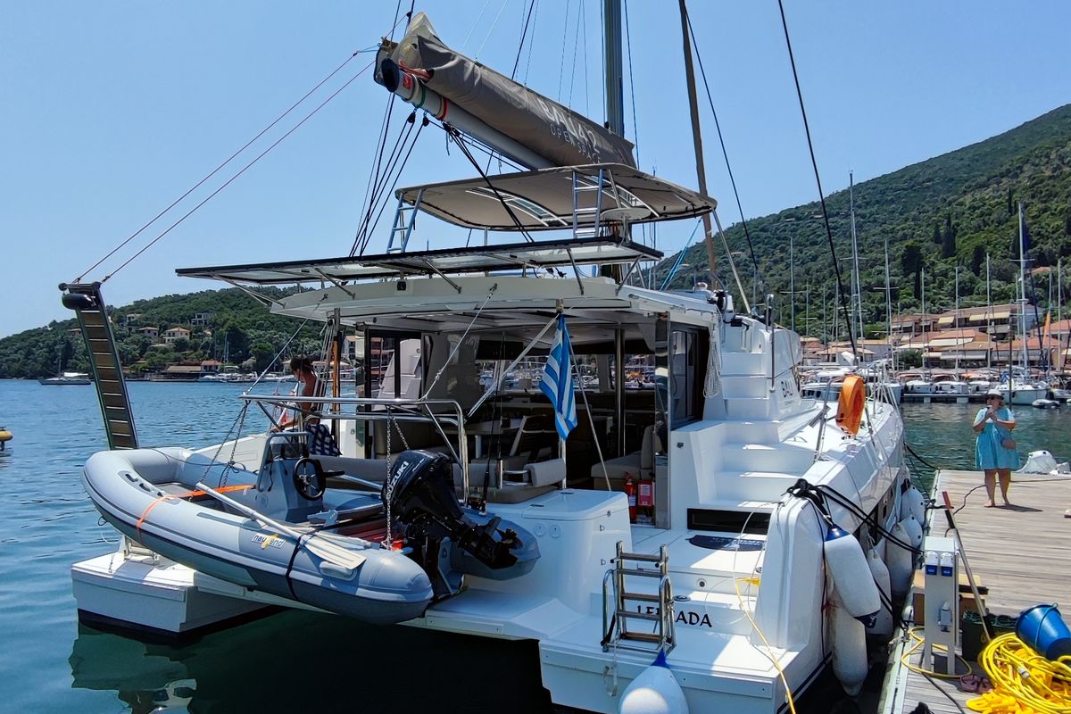 Exterior view of Serenity, a Bali 4.2 catamaran at Municipal Unit of Apollonioi, Greece