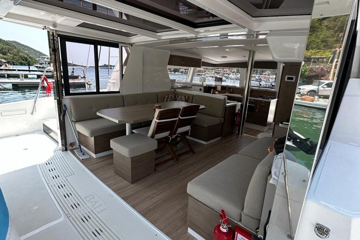 Deck of Serenity, a Bali 4.2 catamaran at Municipal Unit of Apollonioi, Greece