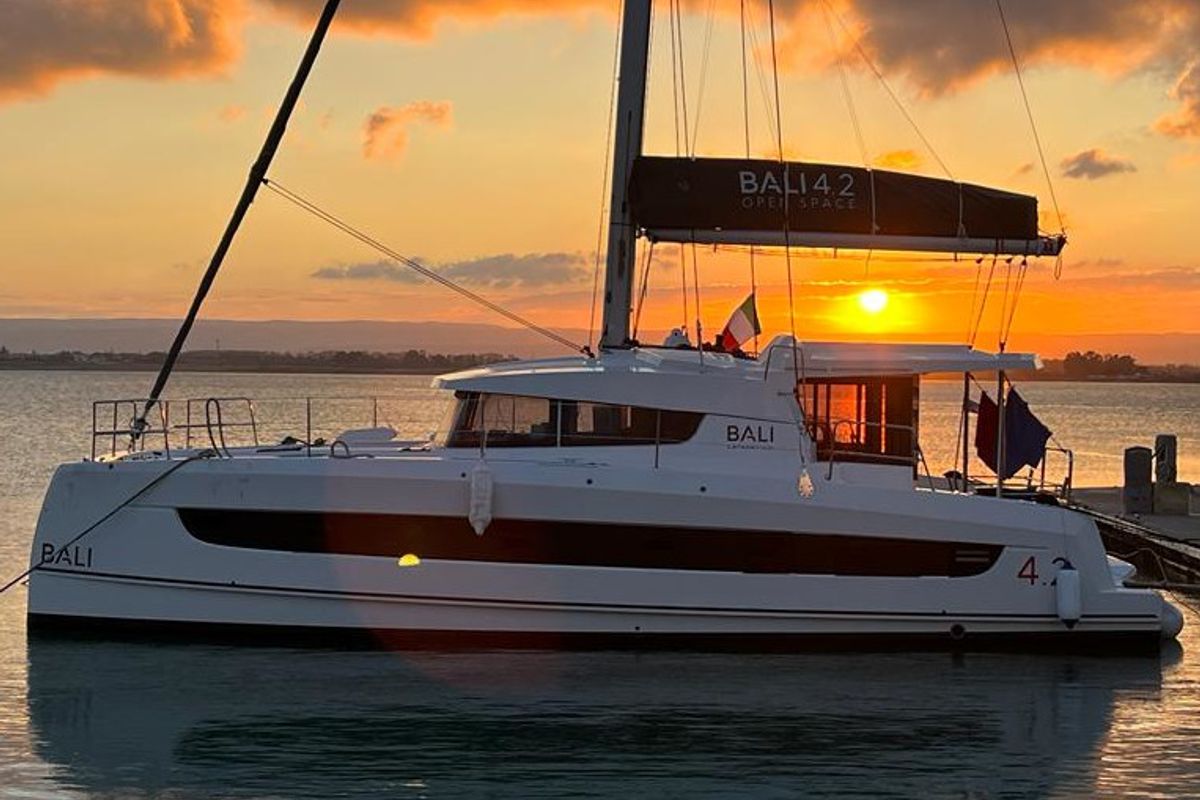Exterior view of Serenity, a Bali 4.2 catamaran at Municipal Unit of Apollonioi, Greece