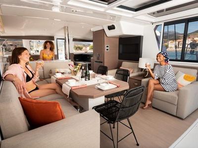 Salon of Serenity, a Bali 4.2 catamaran at Municipal Unit of Apollonioi, Greece