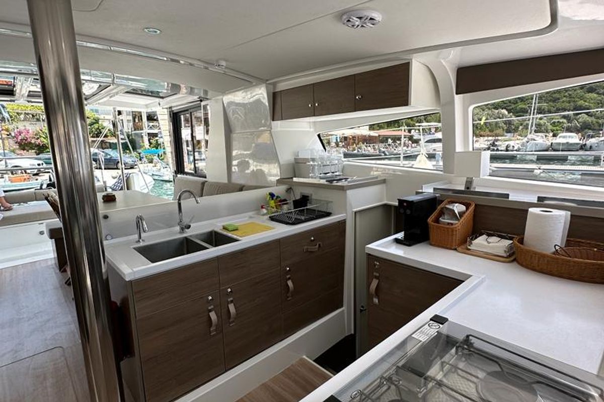 Galley of Serenity, a Bali 4.2 catamaran at Municipal Unit of Apollonioi, Greece