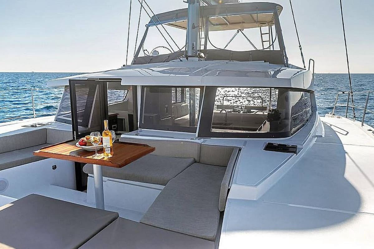 Deck of Serenity, a Bali 4.2 catamaran at Municipal Unit of Apollonioi, Greece