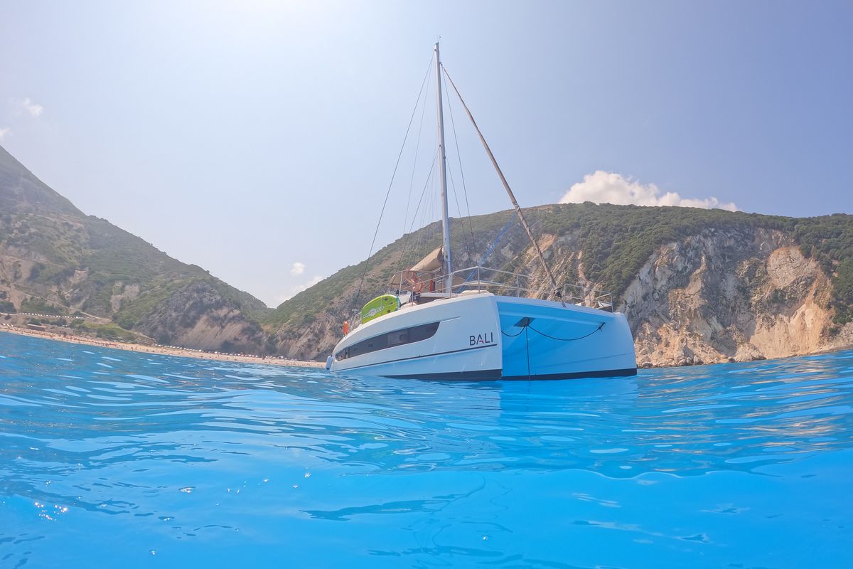 Exterior view of Serenity, a Bali 4.2 catamaran at Municipal Unit of Apollonioi, Greece