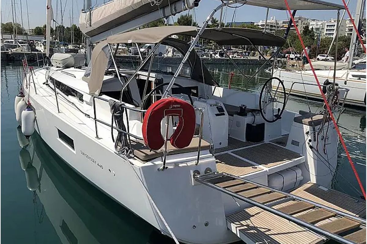Exterior view of Tikal III, a Jeanneau Sun Odyssey 440 sailboat at Municipal Unit of Lefkada, Greece