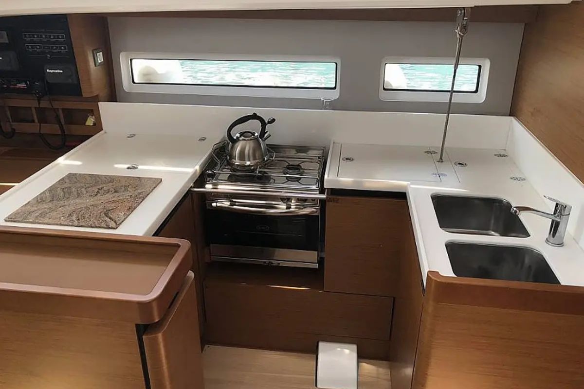 Galley of Tikal III, a Jeanneau Sun Odyssey 440 sailboat at Municipal Unit of Lefkada, Greece