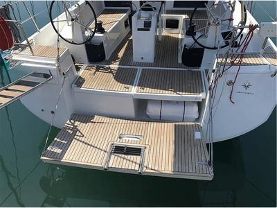 Deck of Tikal III, a Jeanneau Sun Odyssey 440 sailboat at Municipal Unit of Lefkada, Greece