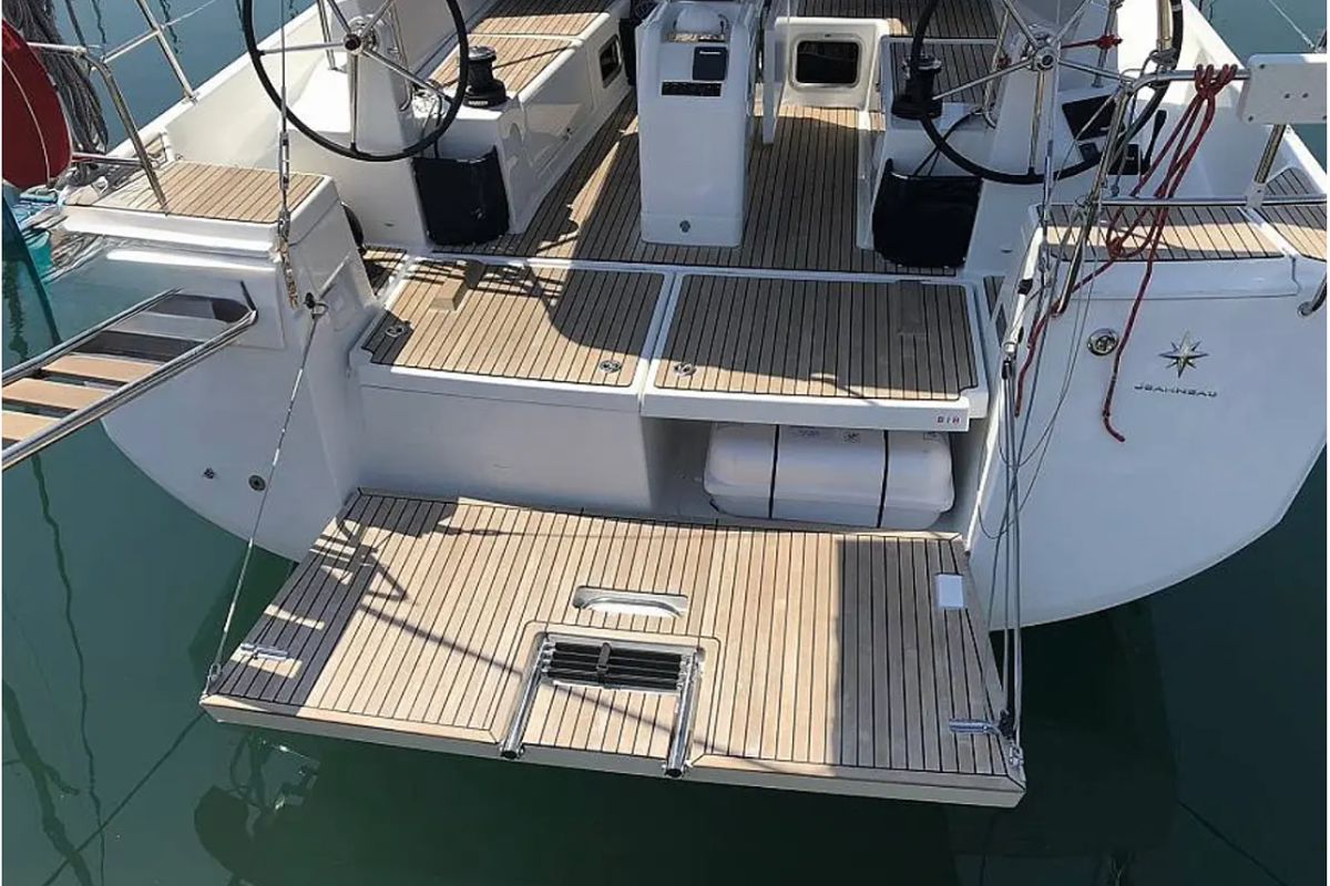 Deck of Tikal III, a Jeanneau Sun Odyssey 440 sailboat at Municipal Unit of Lefkada, Greece