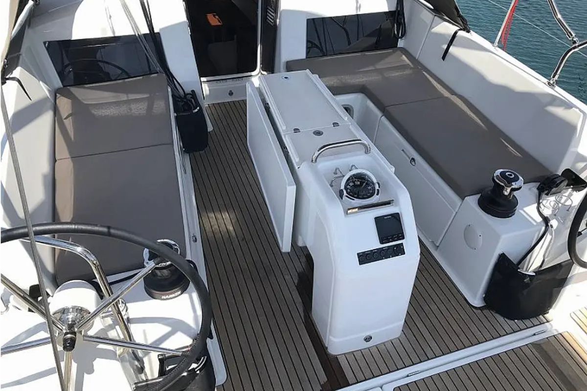 Cockpit of Tikal III, a Jeanneau Sun Odyssey 440 sailboat at Municipal Unit of Lefkada, Greece