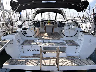 Cockpit of Semiramis, a Beneteau Oceanis 45 sailboat at Gouvia, Greece