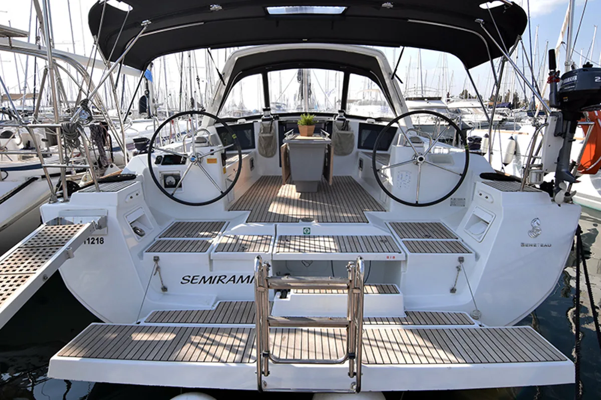 Cockpit of Semiramis, a Beneteau Oceanis 45 sailboat at Gouvia, Greece