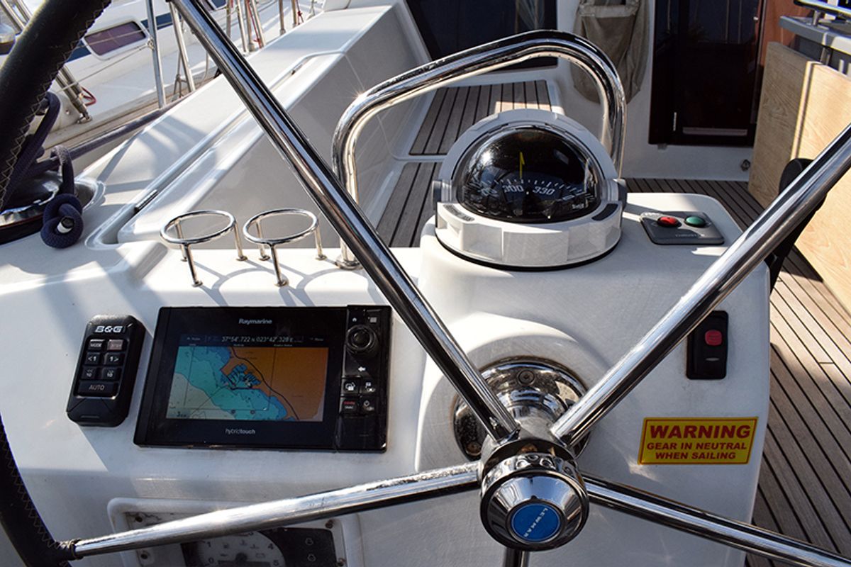 Cockpit of Semiramis, a Beneteau Oceanis 45 sailboat at Gouvia, Greece
