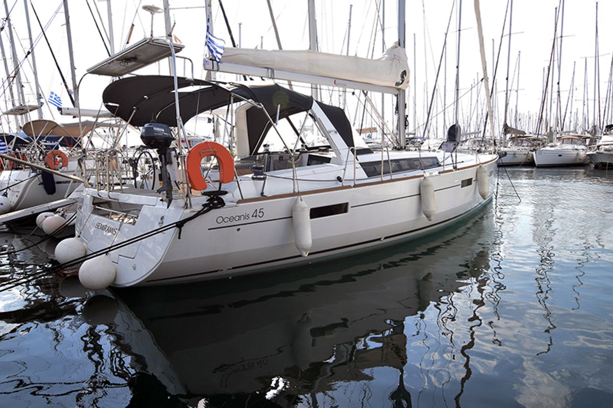 Exterior view of Semiramis, a Beneteau Oceanis 45 sailboat at Gouvia, Greece