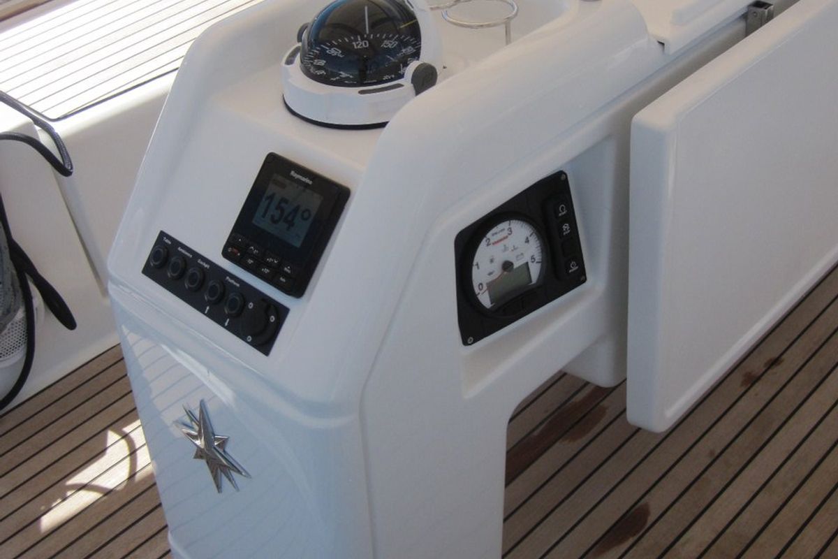 Cockpit of Teresa, a Jeanneau Sun Odyssey 490 sailboat at Capo d'Orlando, Italy