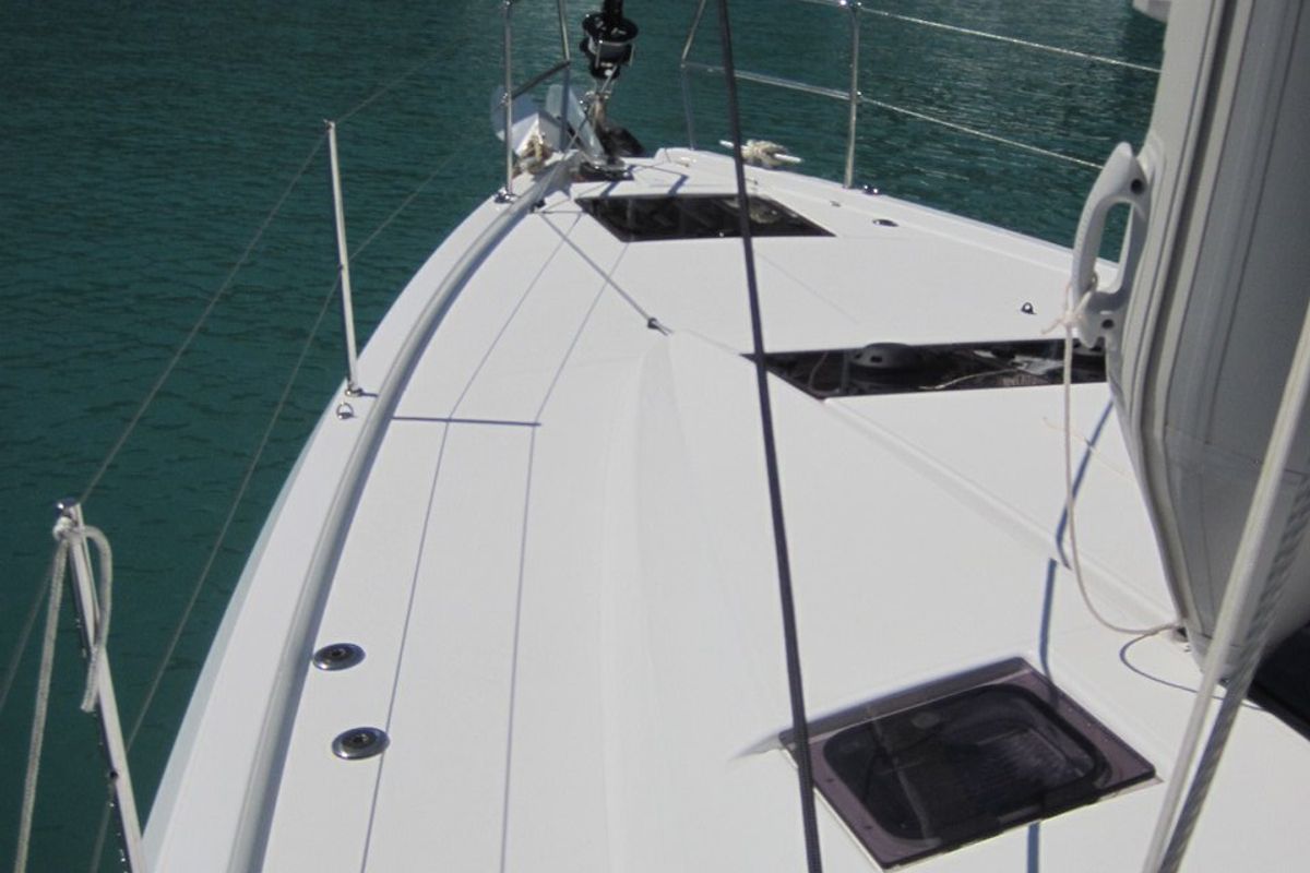 Deck of Teresa, a Jeanneau Sun Odyssey 490 sailboat at Capo d'Orlando, Italy