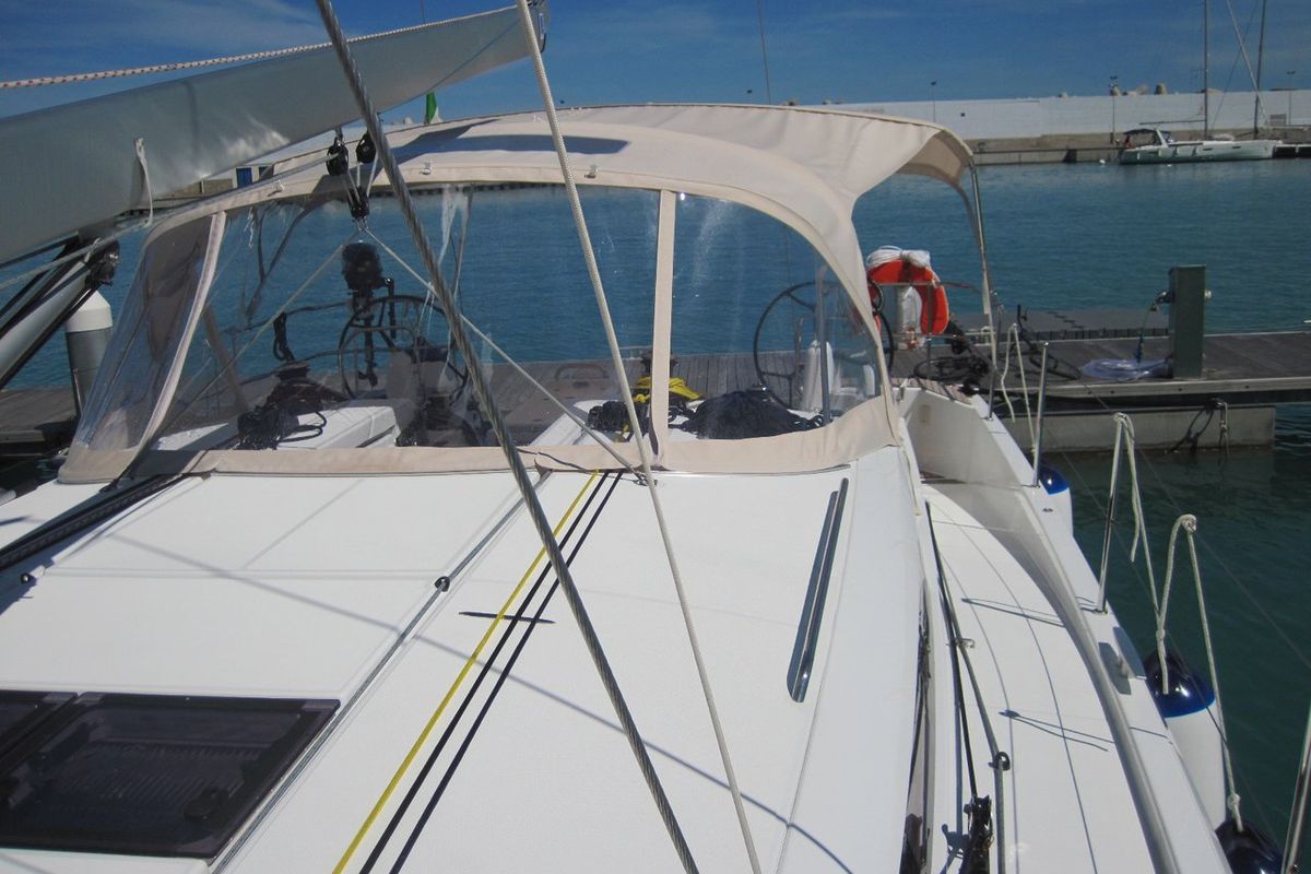 Exterior view of Teresa, a Jeanneau Sun Odyssey 490 sailboat at Capo d'Orlando, Italy