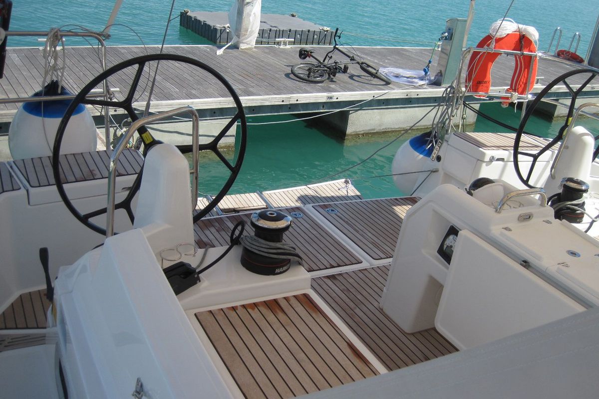 Cockpit of Teresa, a Jeanneau Sun Odyssey 490 sailboat at Capo d'Orlando, Italy