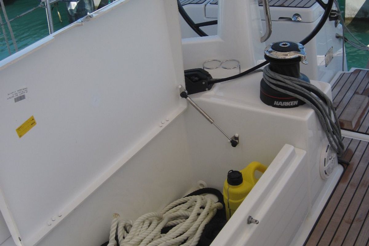 Cockpit of Teresa, a Jeanneau Sun Odyssey 490 sailboat at Capo d'Orlando, Italy