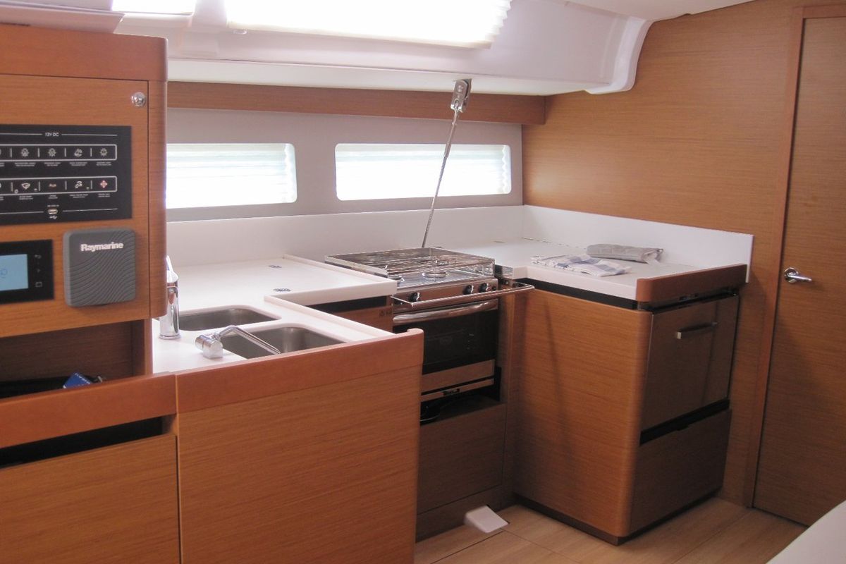 Galley of Teresa, a Jeanneau Sun Odyssey 490 sailboat at Capo d'Orlando, Italy