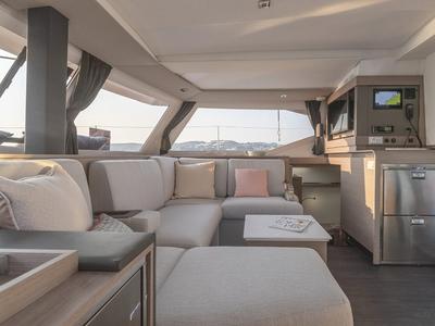 Salon of Island Curtisea, a Fountaine Pajot Isla 40 catamaran at Charlotte Amalie, United States