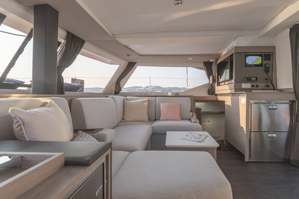 Salon of Island Curtisea, a Fountaine Pajot Isla 40 catamaran at Charlotte Amalie, United States