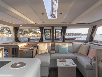 Salon of Island Curtisea, a Fountaine Pajot Isla 40 catamaran at Charlotte Amalie, United States