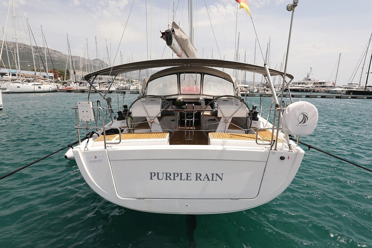 Exterior view of Purple Rain, a Hanse Yachts Hanse 455 sailboat at Grad Šibenik, Croatia