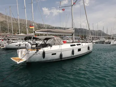 Exterior view of Purple Rain, a Hanse Yachts Hanse 455 sailboat at Grad Šibenik, Croatia