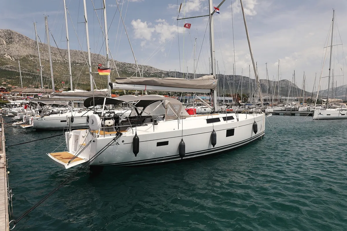Exterior view of Purple Rain, a Hanse Yachts Hanse 455 sailboat at Grad Šibenik, Croatia