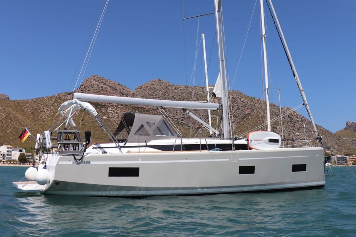 Exterior view of Levante, a Bavaria C38 sailboat at Palma de Mallorca, Spain