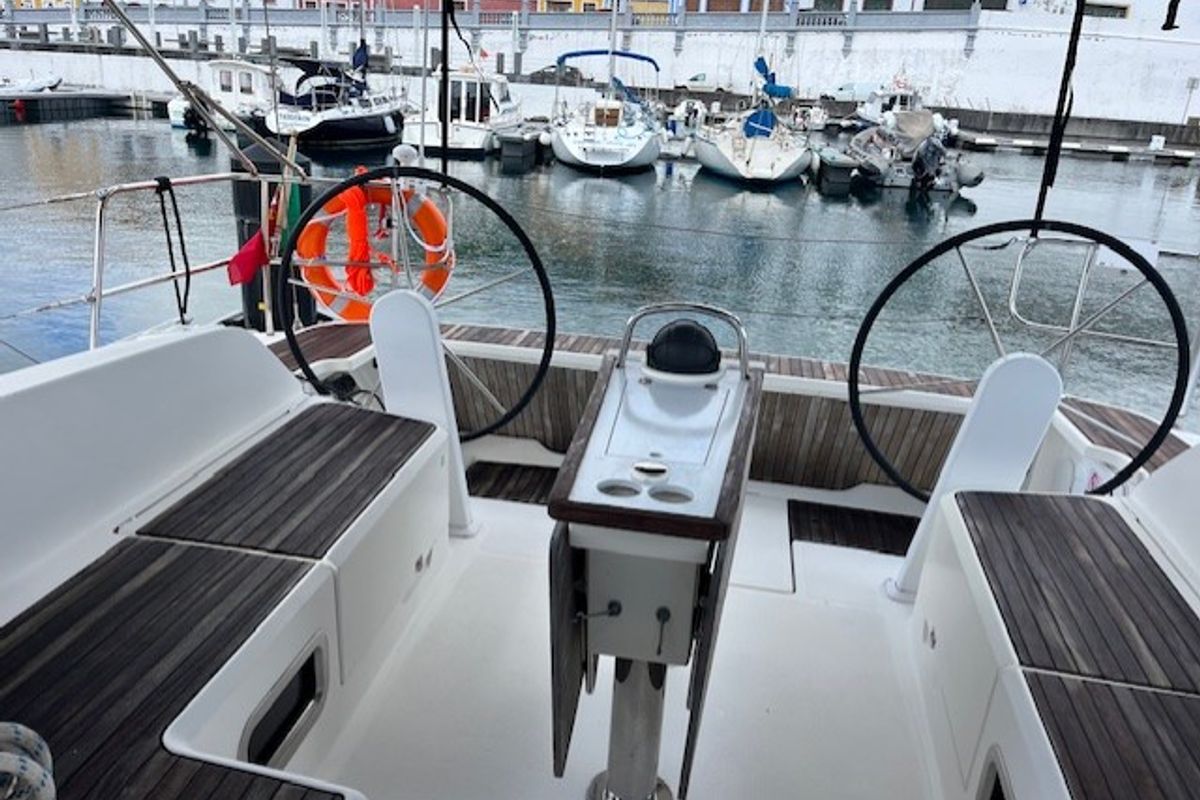 Cockpit of Fonsos, a Bavaria 46 Cruiser sailboat at São Pedro, Portugal