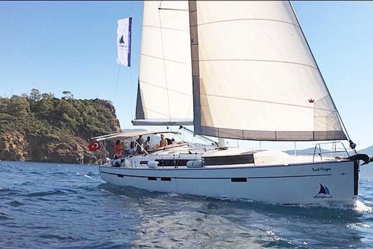 Exterior view of Sail Vega, a Bavaria Cruiser 46 sailboat at Fethiye, Turkey
