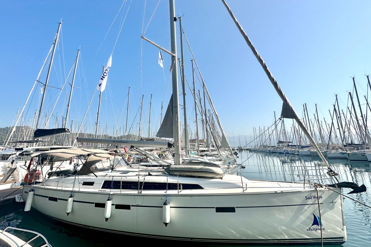 Exterior view of Sail Vega, a Bavaria Cruiser 46 sailboat at Fethiye, Turkey